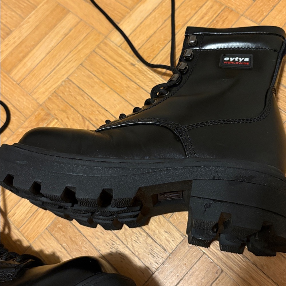 Eytys Black Leather Lace-Up Square-Toe Combat Boots - Picture 4 of 16